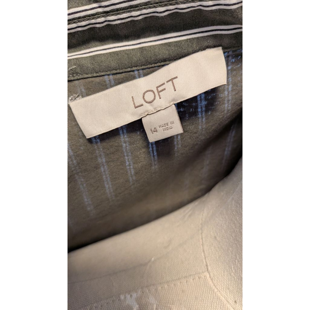 LOFT  Petite Olive Green White Stripe Faux Wrap Midi Long Sleeve Dress 14 - Picture 3 of 5